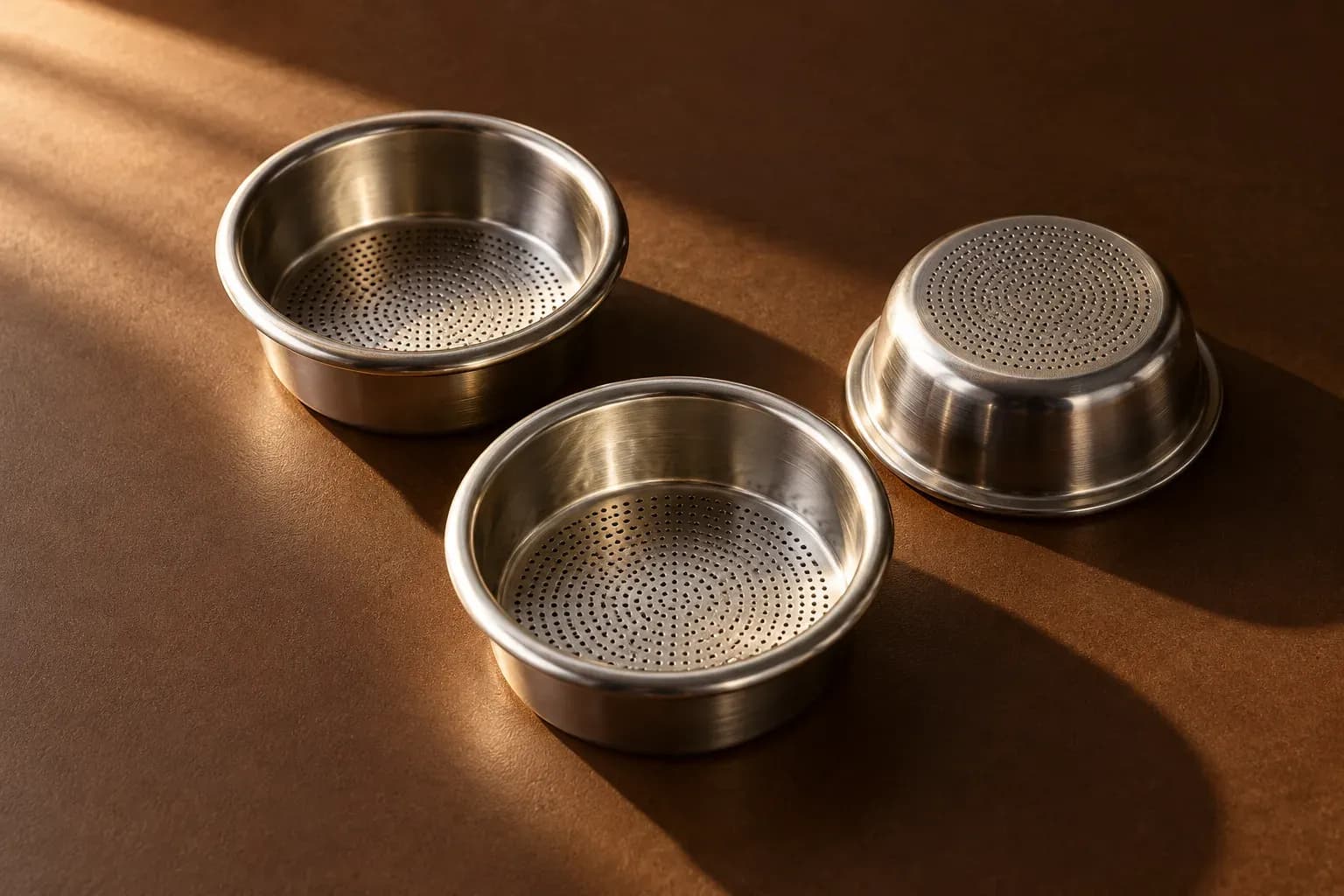 Rổ lọc espresso bằng thép không gỉ trên bề mặt nâu ấm. Hình minh họa.
