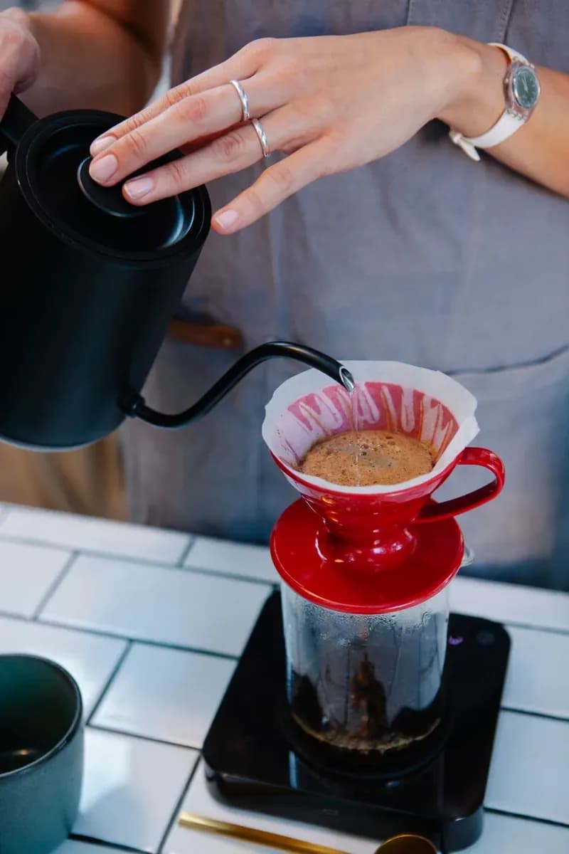 Rót nước nóng từ ấm cổ ngỗng vào phễu lọc cà phê