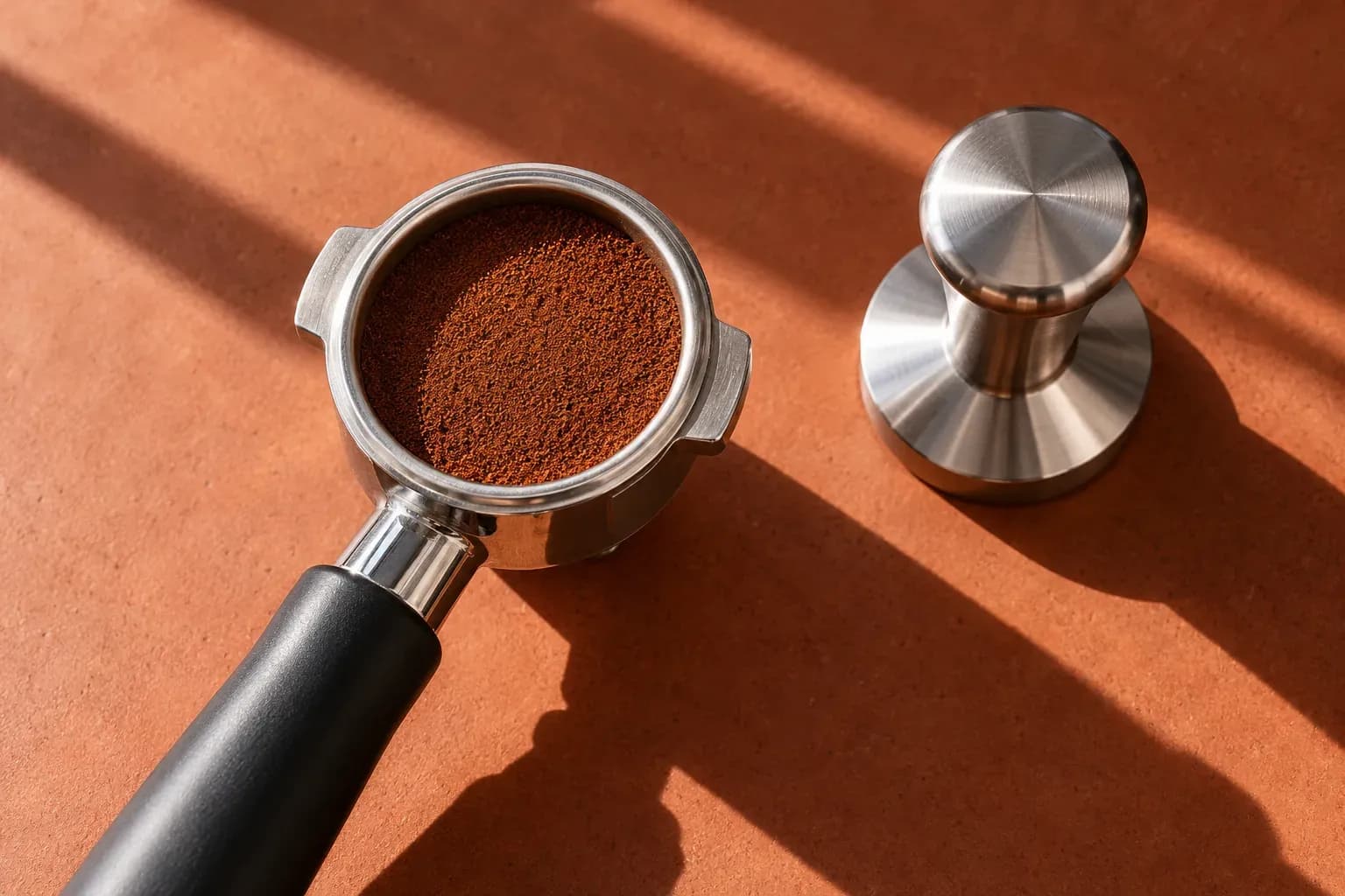 Tay cầm espresso và tamper trên bề mặt màu đất nung. Hình minh họa.